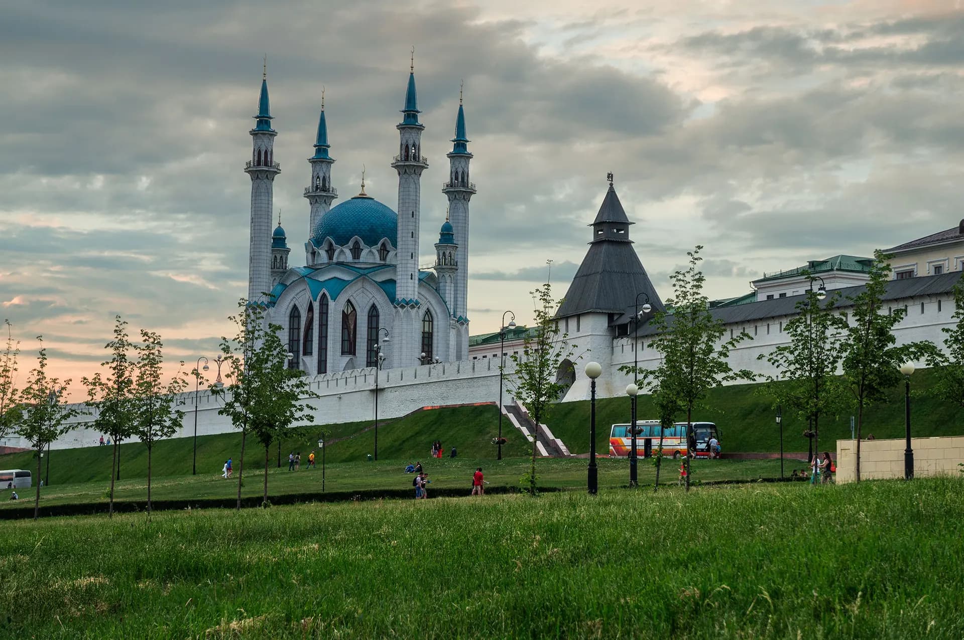 Qol Sharif Mosque and the walls of Kazan Kremlin at sunset