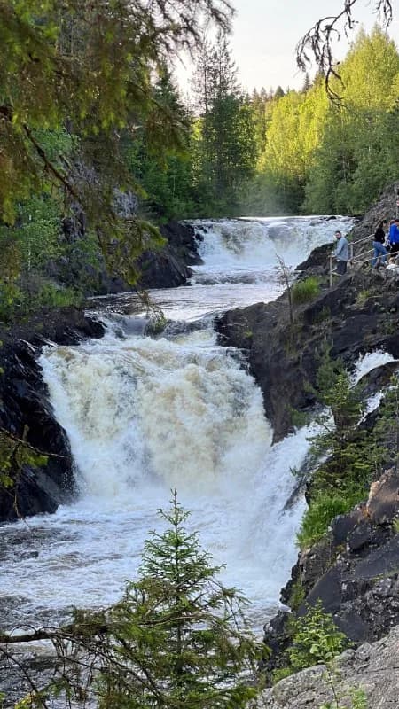 Waterfall flowing between forested rocky banks