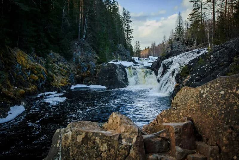 Waterfall cascading over dark rocks among trees