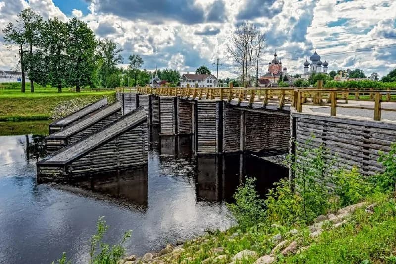 Historic dock with a wooden bridge in Kronstadt