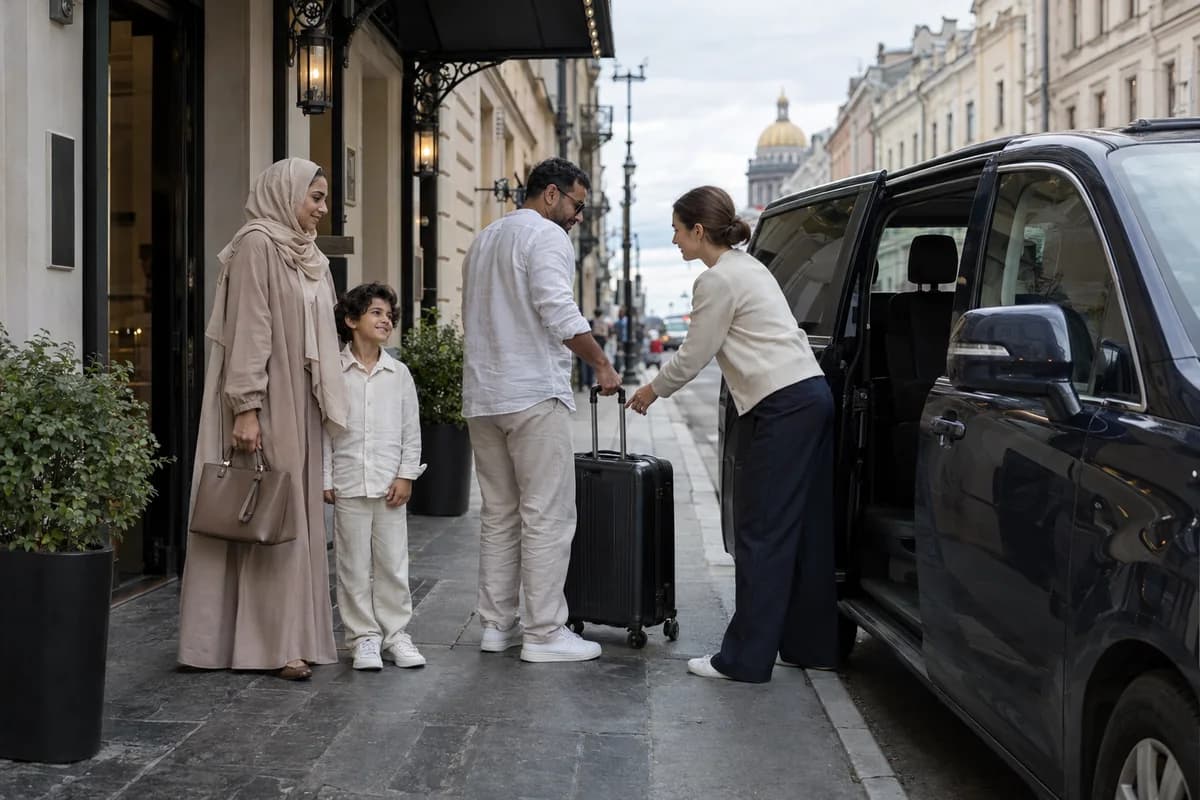 AI illustration: a travel host helps a family with luggage beside a private minivan in St. Petersburg.